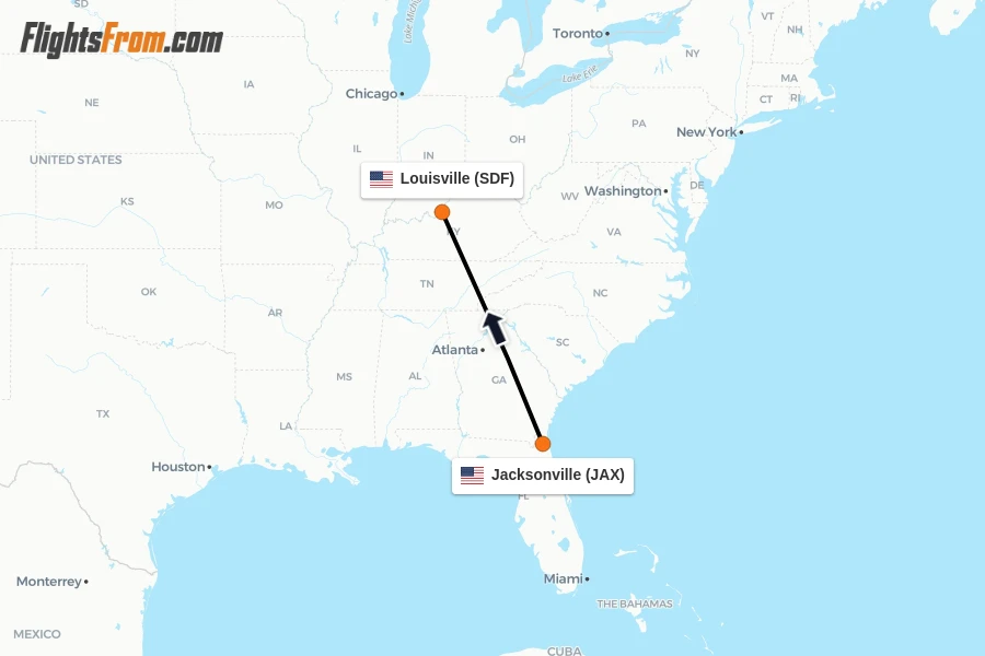 Flights from Jacksonville to Louisville route map