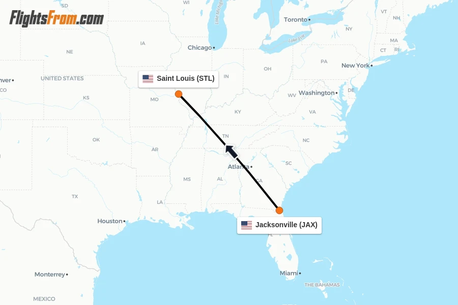 Flights from Jacksonville to Saint Louis route map