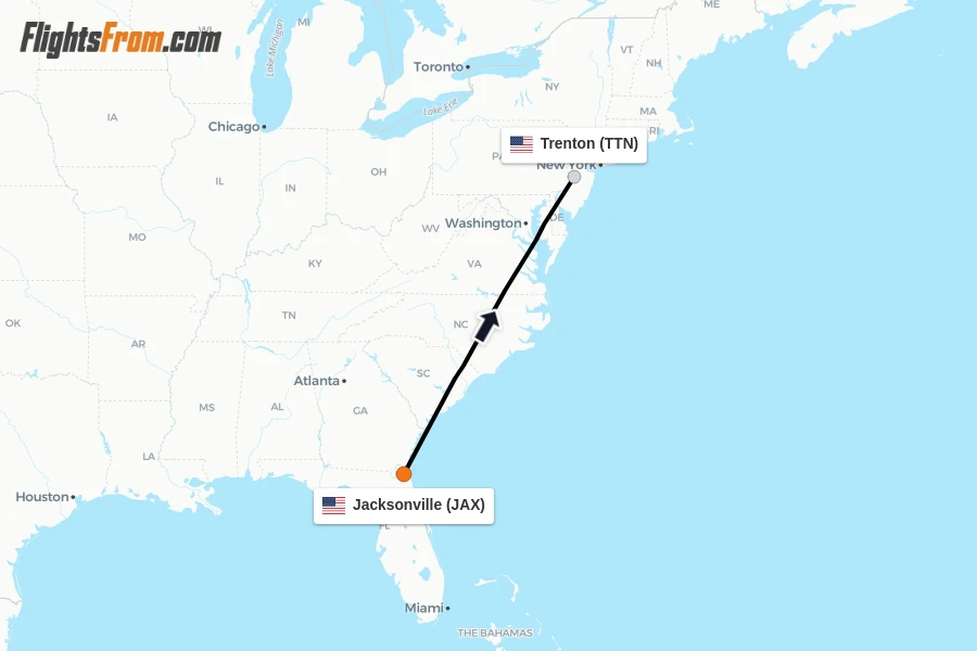 Flights from Jacksonville to Trenton route map