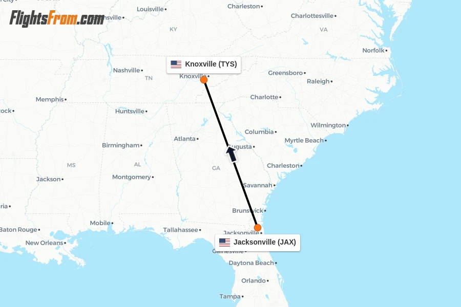 Flights from Jacksonville to Knoxville route map
