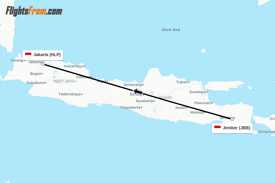 Flights from Jember to Jakarta route map