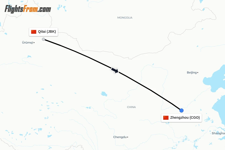 Flights from Qitai to Zhengzhou route map