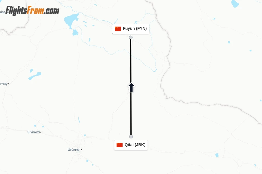 Flights from Qitai to Fuyun route map