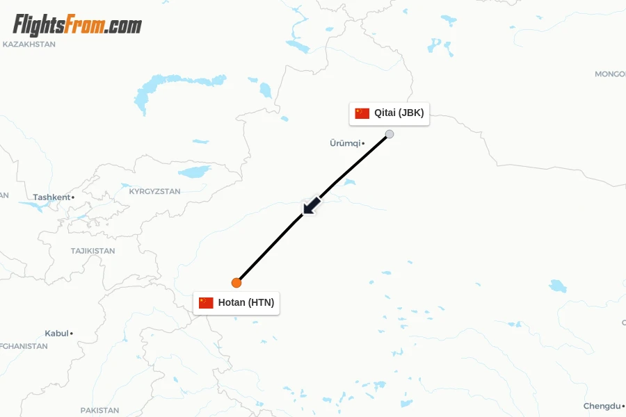 Flights from Qitai to Hotan route map