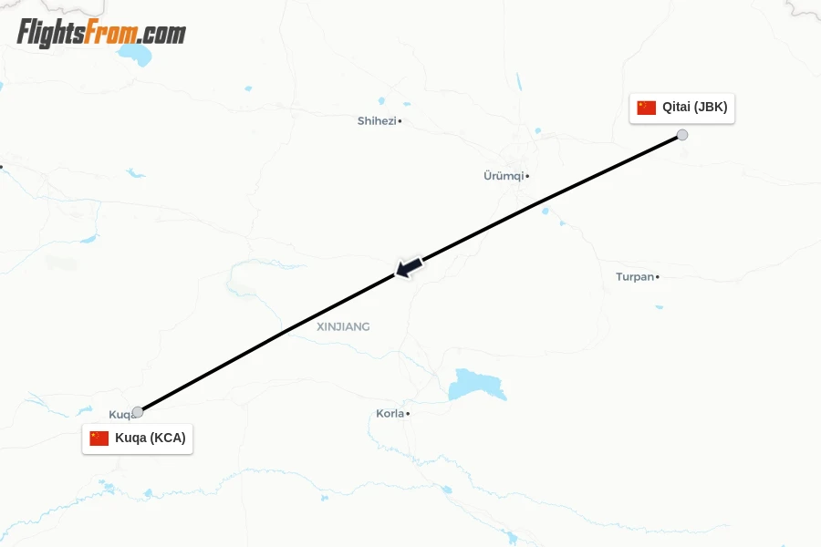 Flights from Qitai to Kuqa route map
