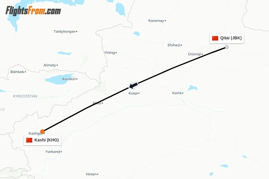 Flights from Qitai to Kashi route map