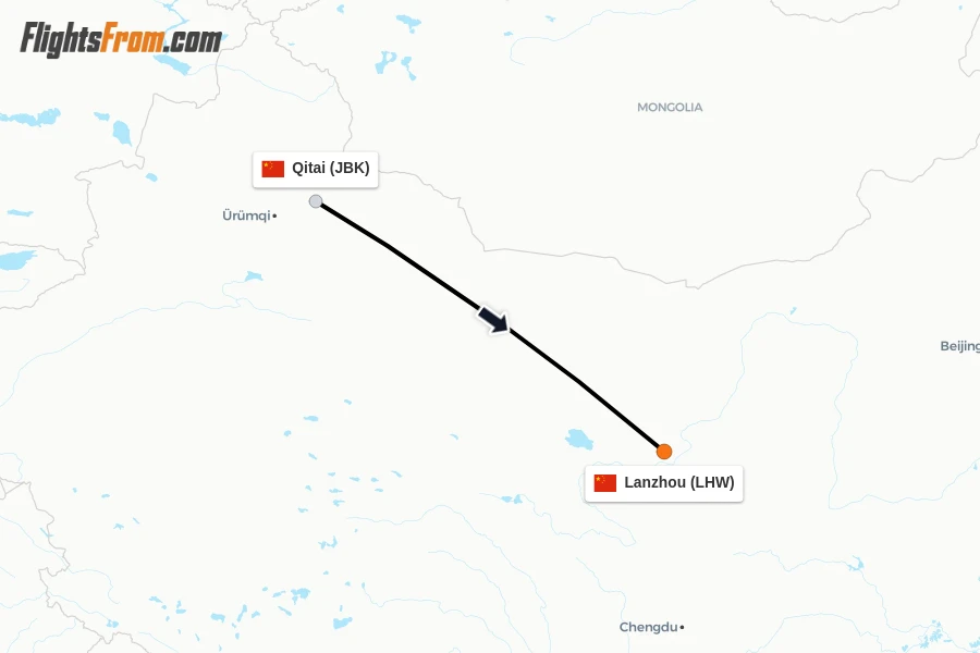 Flights from Qitai to Lanzhou route map