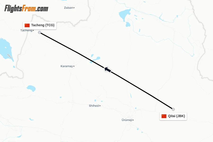Flights from Qitai to Tacheng route map