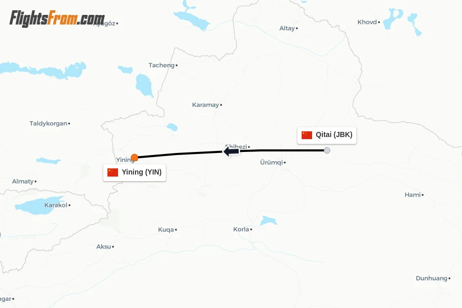 Flights from Qitai to Yining route map
