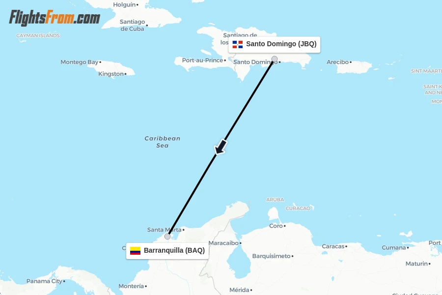 Flights from Santo Domingo to Barranquilla route map