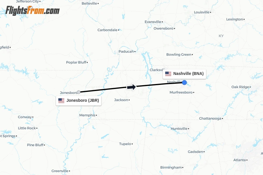 Flights from Jonesboro to Nashville route map
