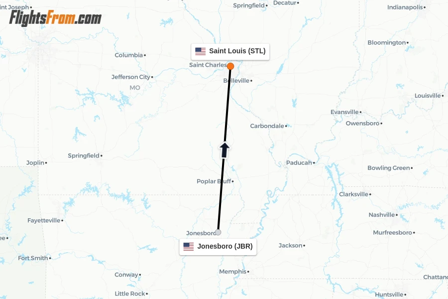 Flights from Jonesboro to Saint Louis route map