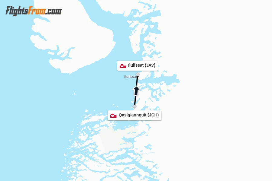 Flights from Qasigiannguit to Ilulissat route map