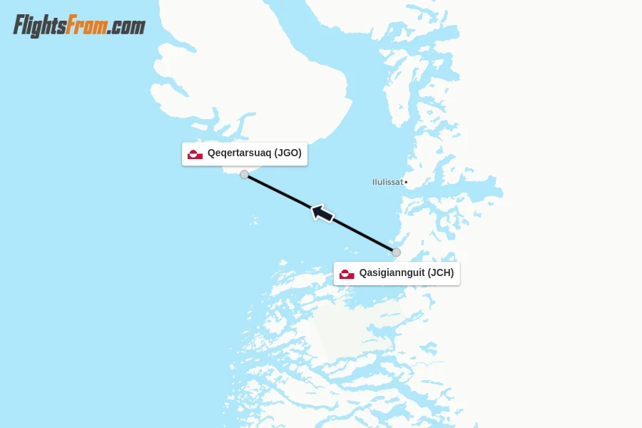 Flights from Qasigiannguit to Qeqertarsuaq route map