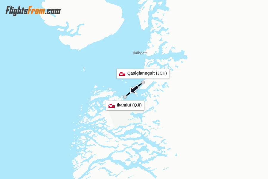 Flights from Qasigiannguit to Ikamiut route map