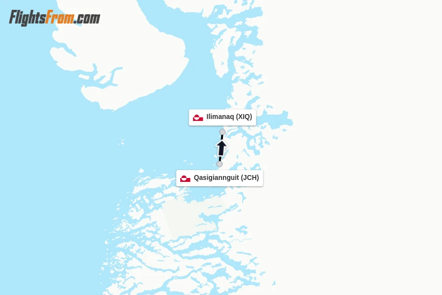Flights from Qasigiannguit to Ilimanaq route map