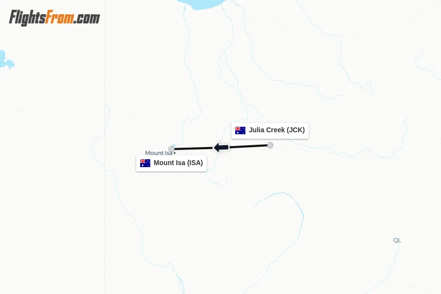 Flights from Julia Creek to Mount Isa route map