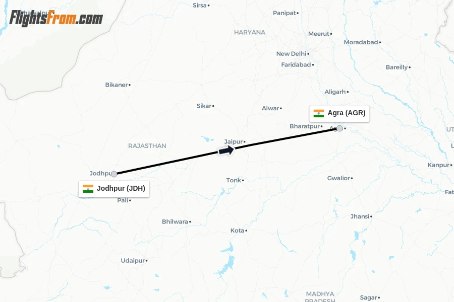 Flights from Jodhpur to Agra route map