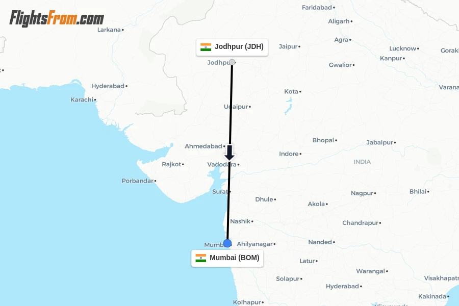 Flights from Jodhpur to Mumbai route map
