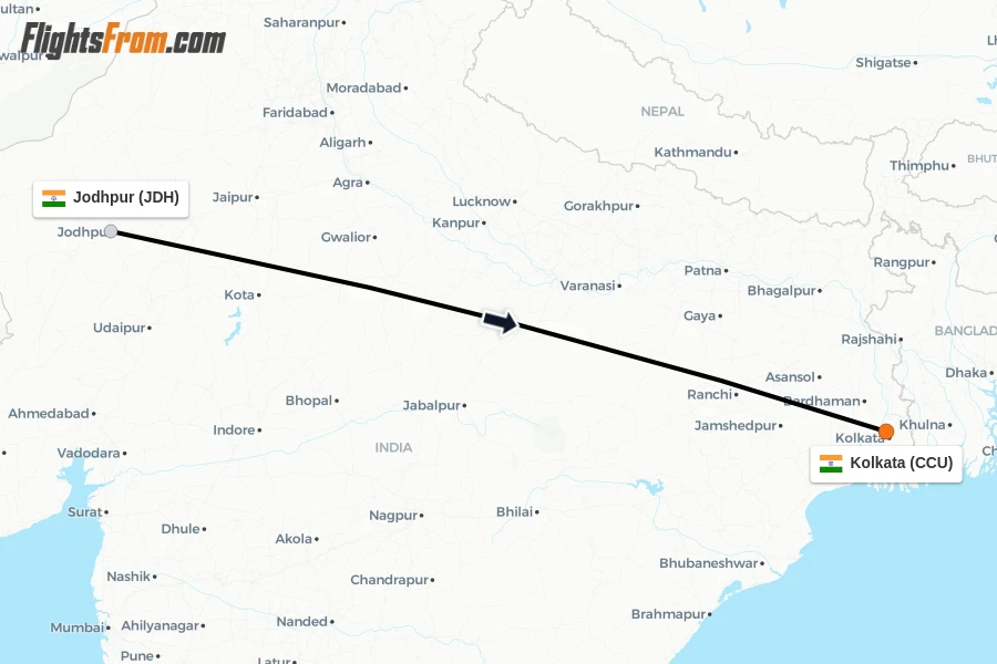 Flights from Jodhpur to Kolkata route map