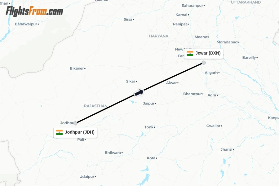 Flights from Jodhpur to Jewar route map
