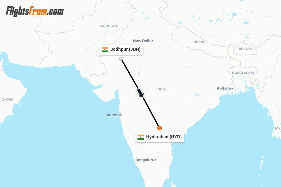 Flights from Jodhpur to Hyderabad route map
