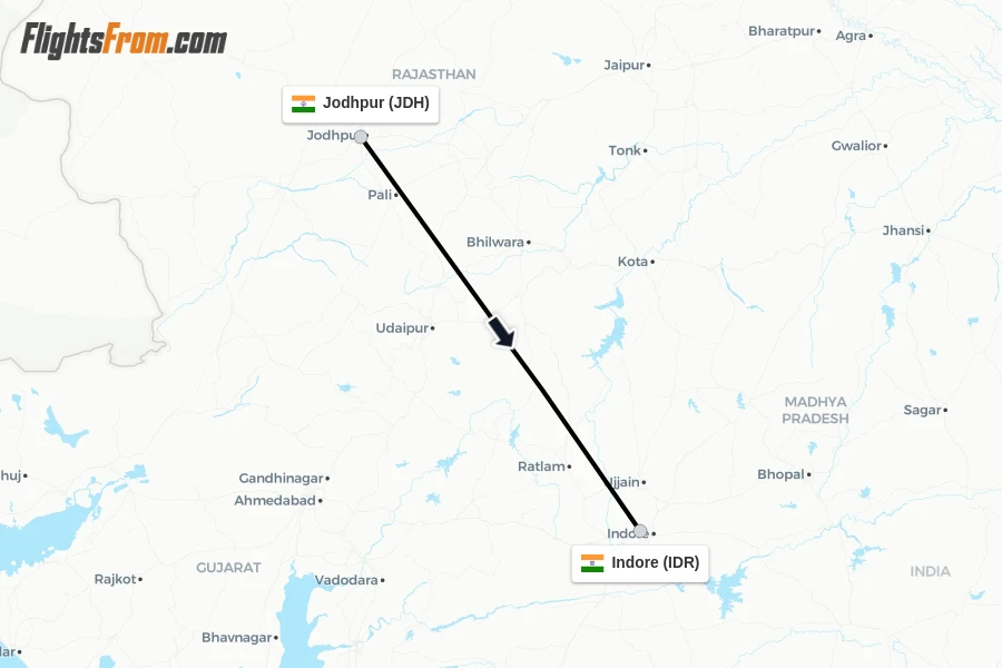 Flights from Jodhpur to Indore route map