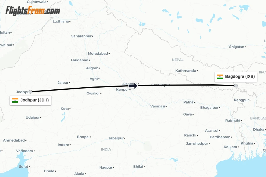 Flights from Jodhpur to Bagdogra route map