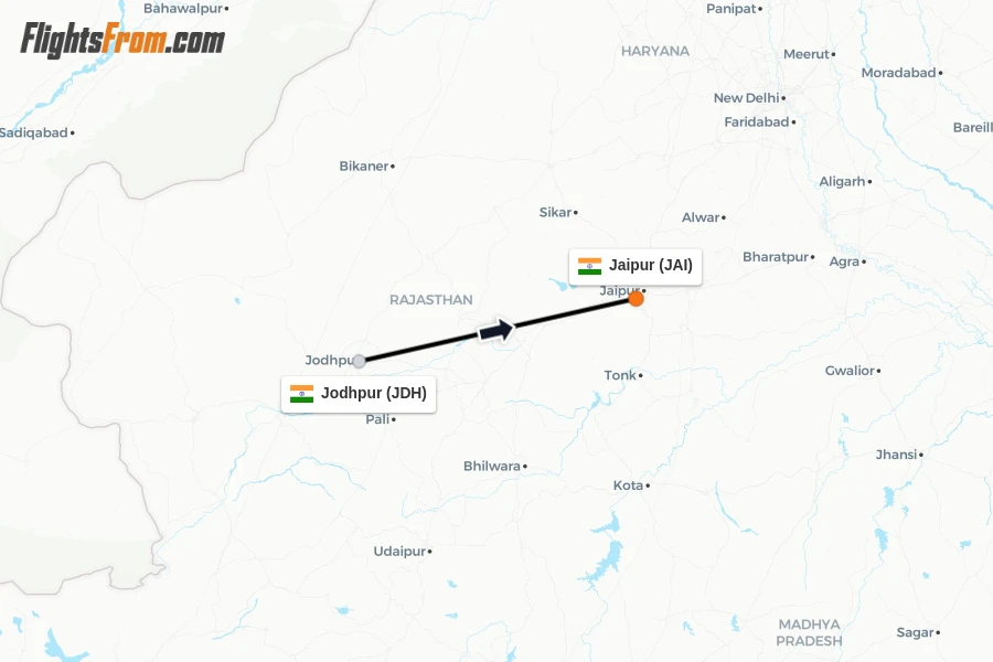 Flights from Jodhpur to Jaipur route map
