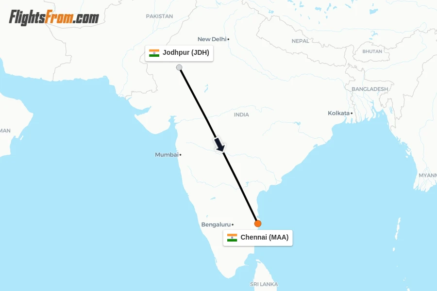 Flights from Jodhpur to Chennai route map