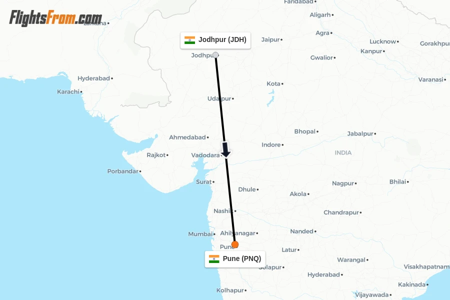 Flights from Jodhpur to Pune route map