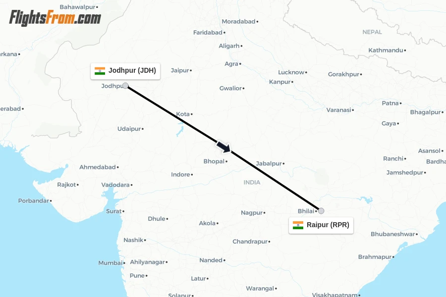 Flights from Jodhpur to Raipur route map