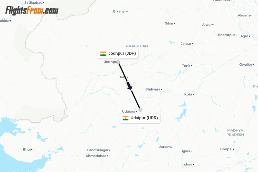 Flights from Jodhpur to Udaipur route map
