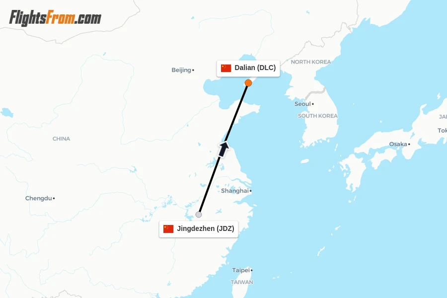 Flights from Jingdezhen to Dalian route map