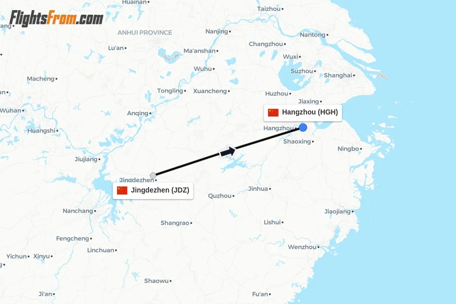Flights from Jingdezhen to Hangzhou route map