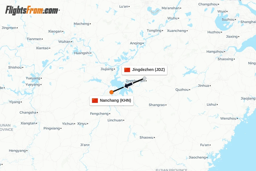 Flights from Jingdezhen to Nanchang route map