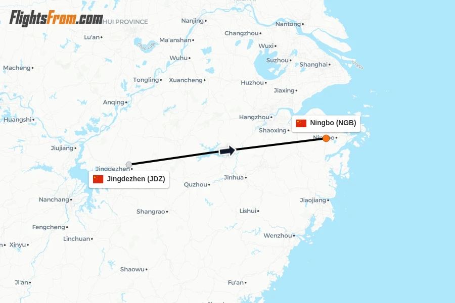 Flights from Jingdezhen to Ningbo route map