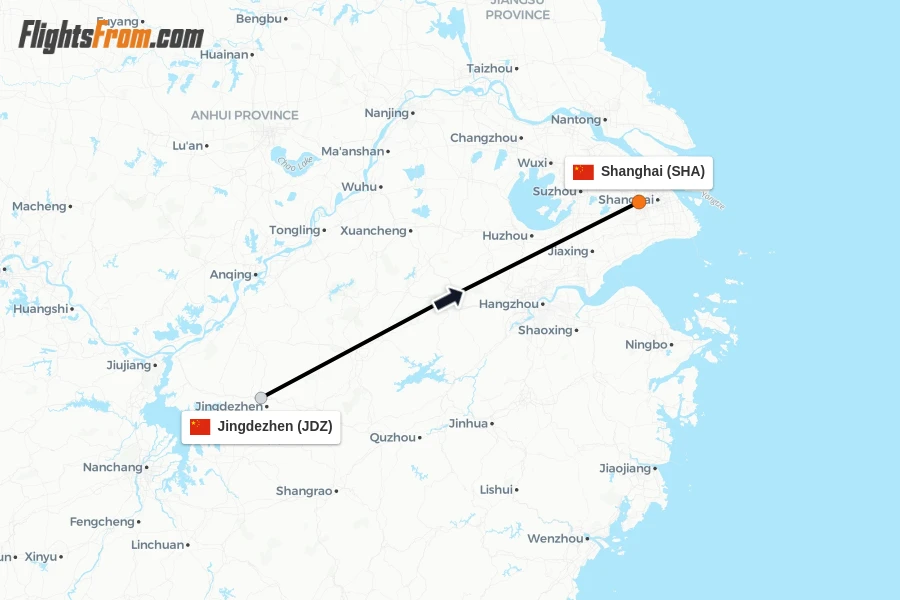 Flights from Jingdezhen to Shanghai route map