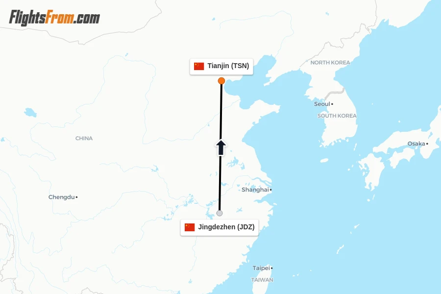 Flights from Jingdezhen to Tianjin route map