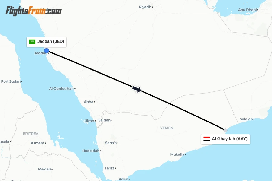 Flights from Jeddah to Al Ghaydah route map
