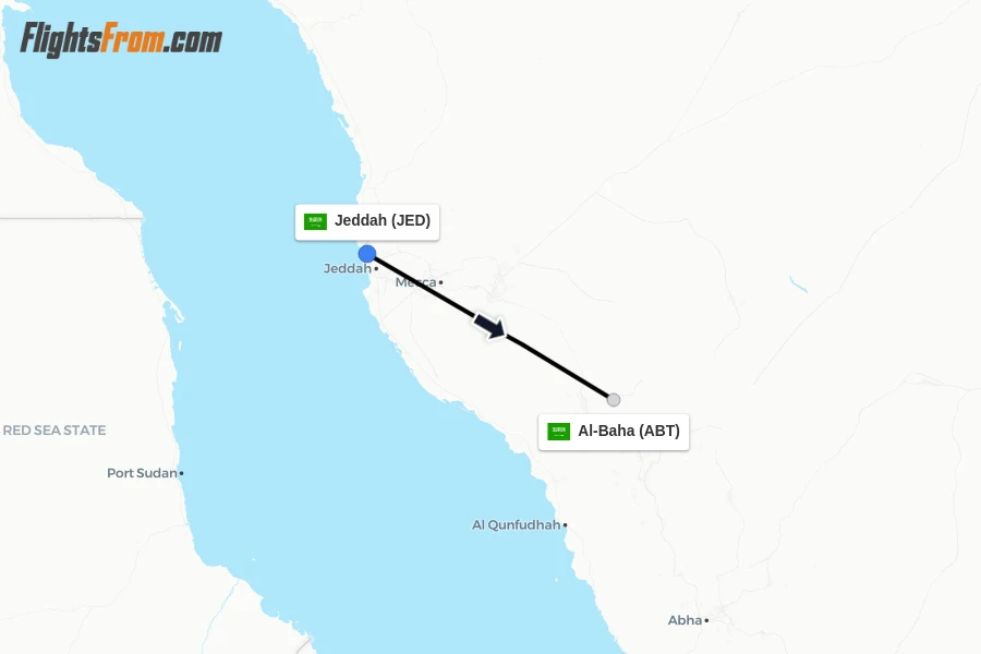 Flights from Jeddah to Al-Baha route map