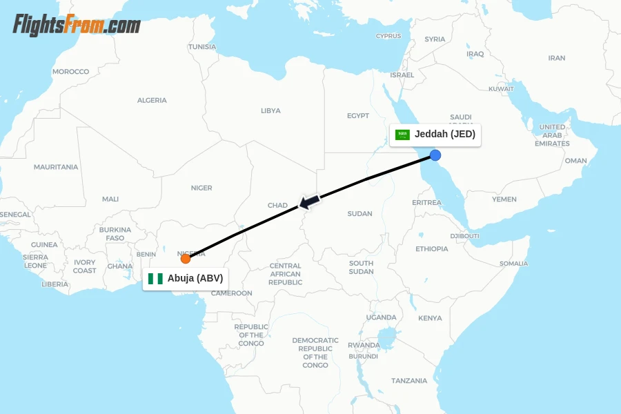 Flights from Jeddah to Abuja route map