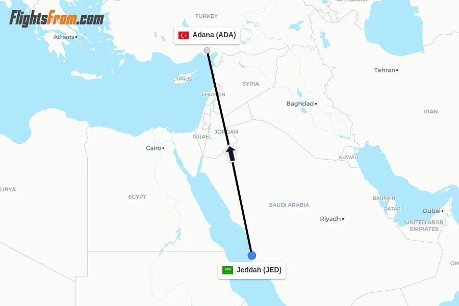 Flights from Jeddah to Adana route map