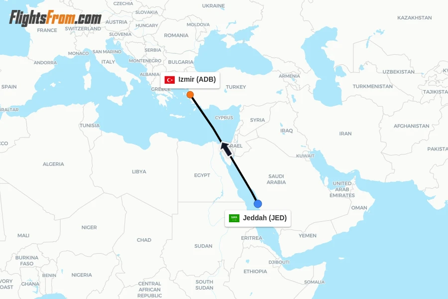 Flights from Jeddah to Izmir route map