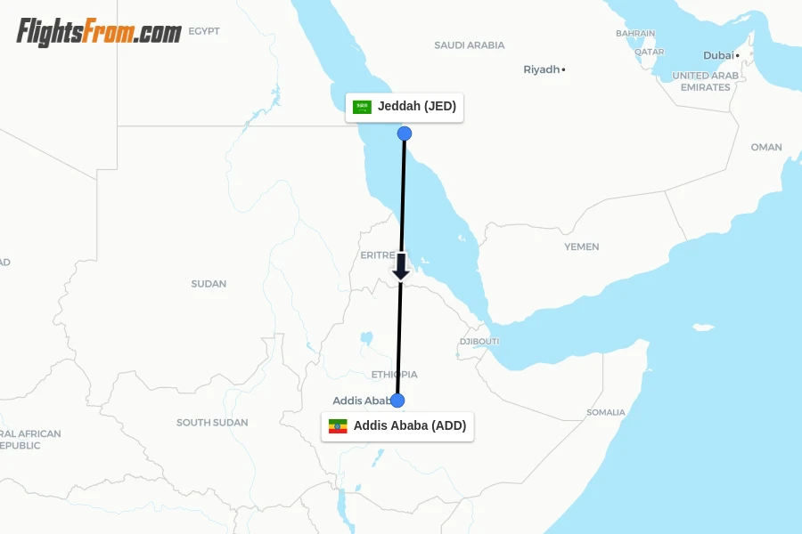 Flights from Jeddah to Addis Ababa route map