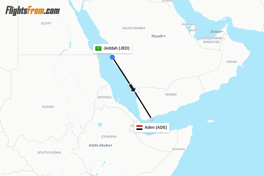 Flights from Jeddah to Aden route map