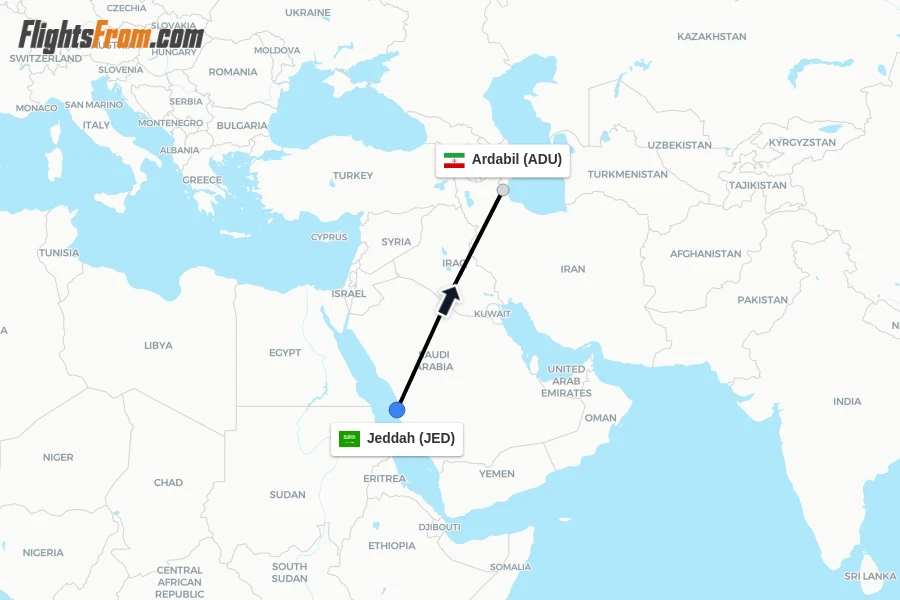 Flights from Jeddah to Ardabil route map