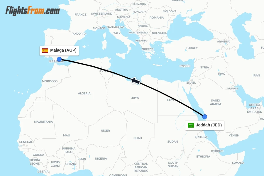 Flights from Jeddah to Malaga route map