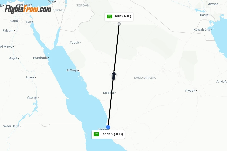 Flights from Jeddah to Jouf route map