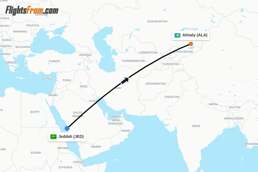 Flights from Jeddah to Almaty route map